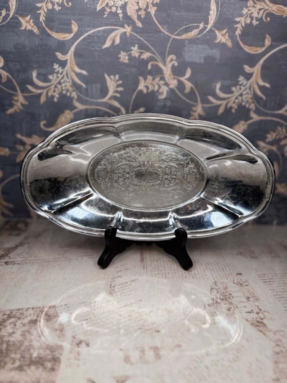 Vintage Silverplate Oval Serving Tray Ornate Engraved Platter 11in